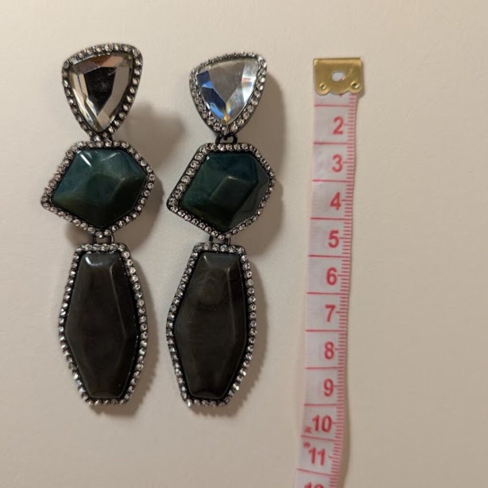 Geometric Statement Clip-On Earrings Green Gray Rhinestone Trim Y2K - Picture 6 of 6